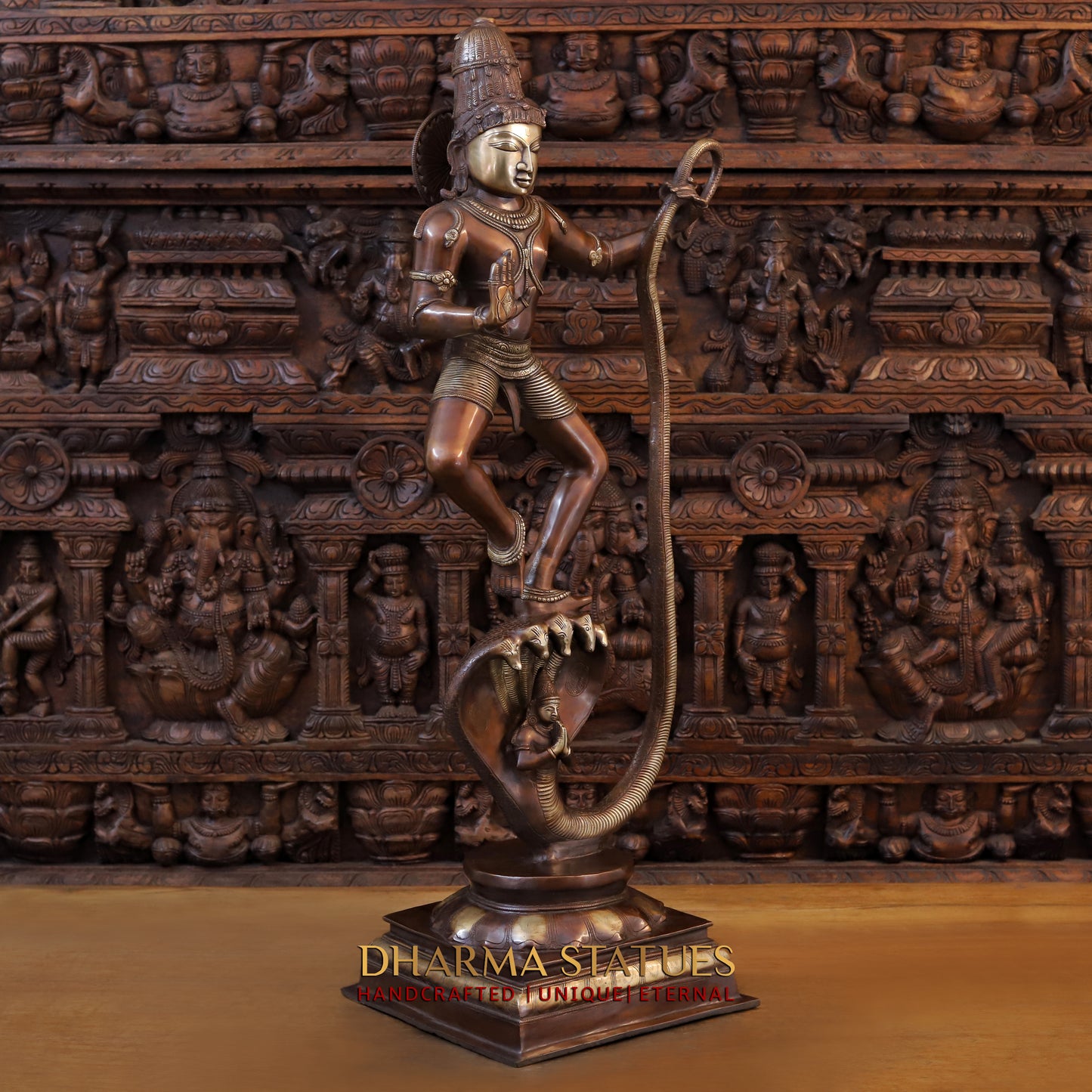 Brass Krishna Standing on Kaliya serpant 41"