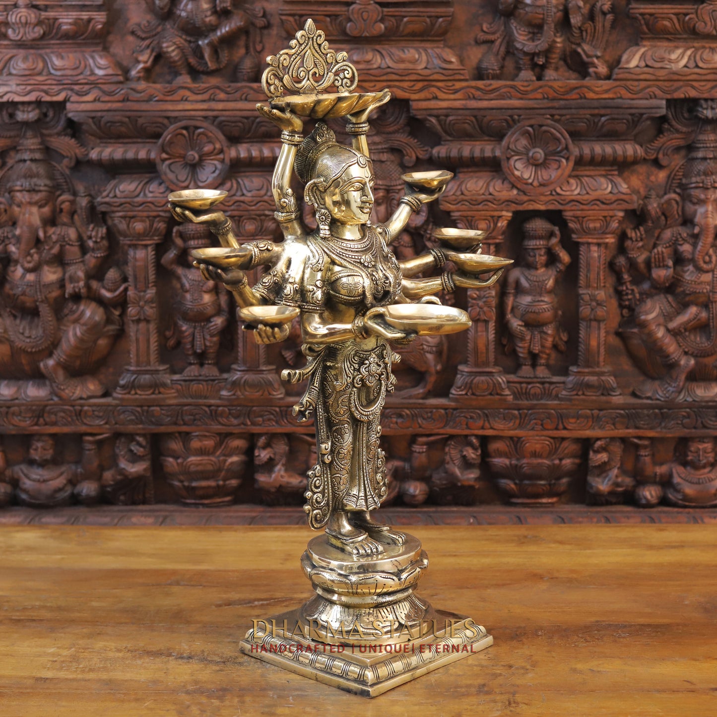 Brass Lakshmi Statue Holding Diya , Fine Gold Finish, 27"