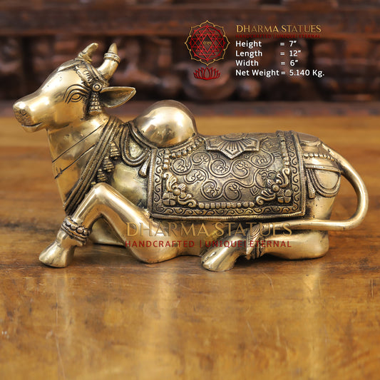 Brass Nandi Statue, Shiva's Timeless Companion, Fine Golden Finish, 7"