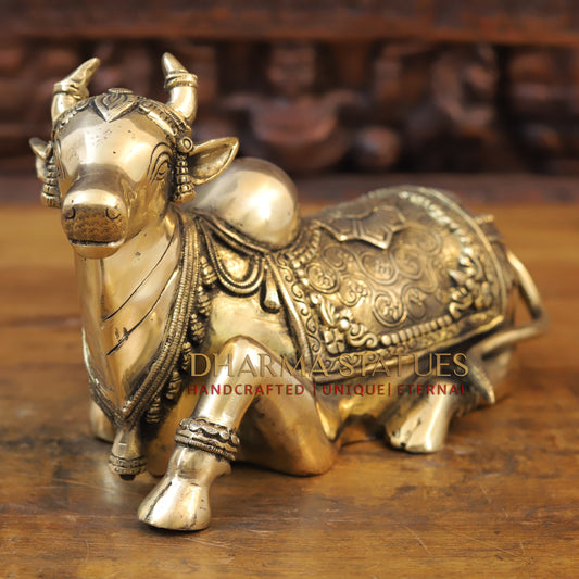Brass Nandi Statue, Shiva's Timeless Companion, Fine Golden Finish, 7"