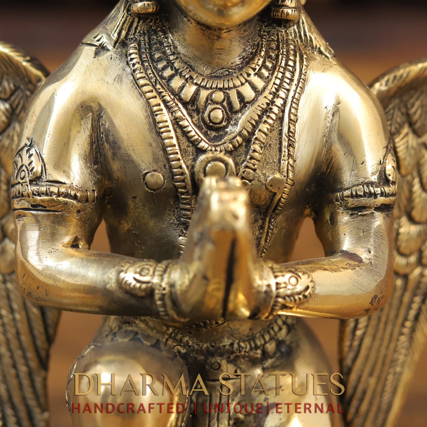 Brass Garuda Seated on Round Base, Golden Finish, 9"