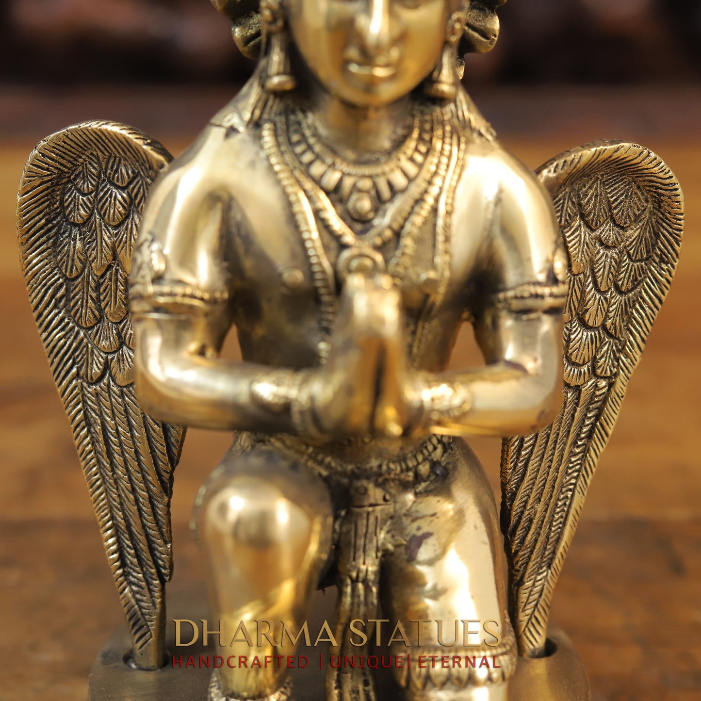 Brass Garuda Seated on Round Base, Golden Finish, 9"