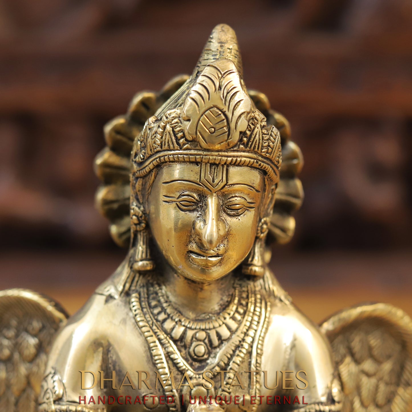 Brass Garuda Seated on Round Base, Golden Finish, 9"
