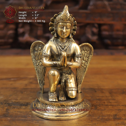 Brass Garuda Seated on Round Base, Golden Finish, 9"