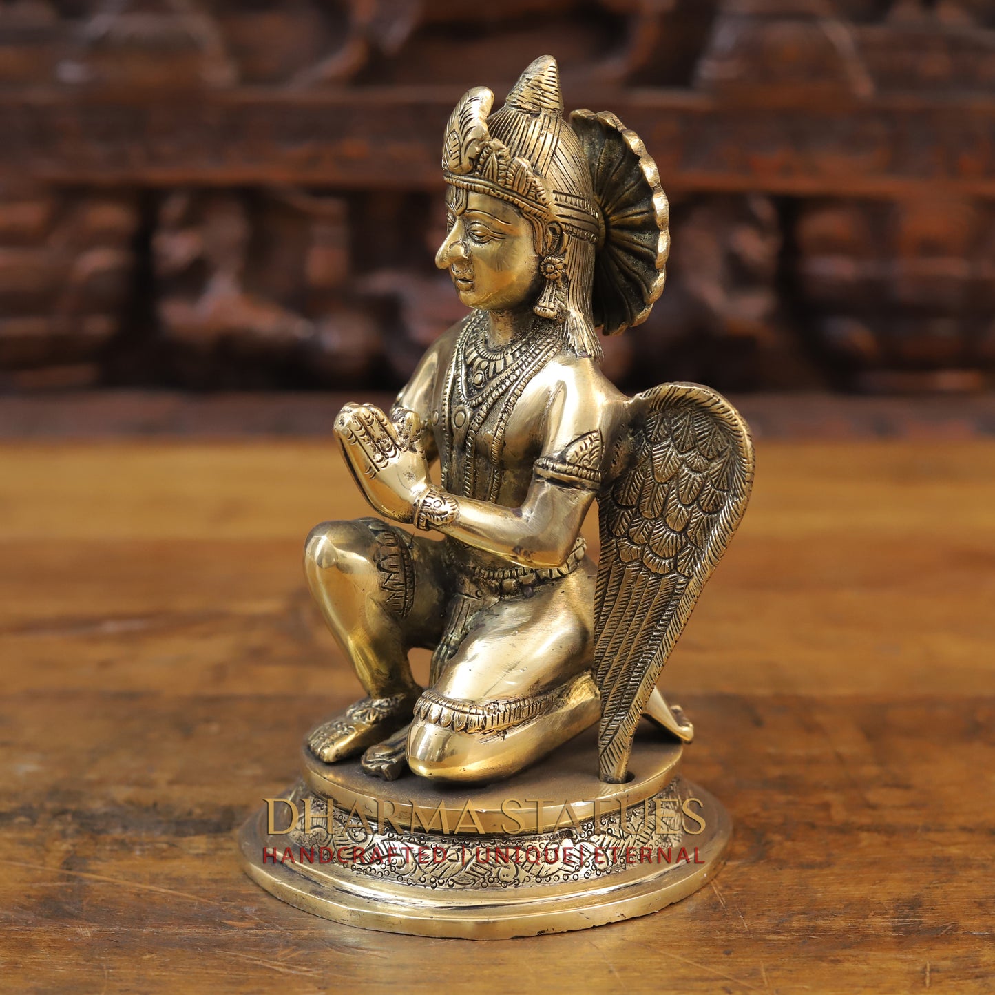 Brass Garuda Seated on Round Base, Golden Finish, 9"