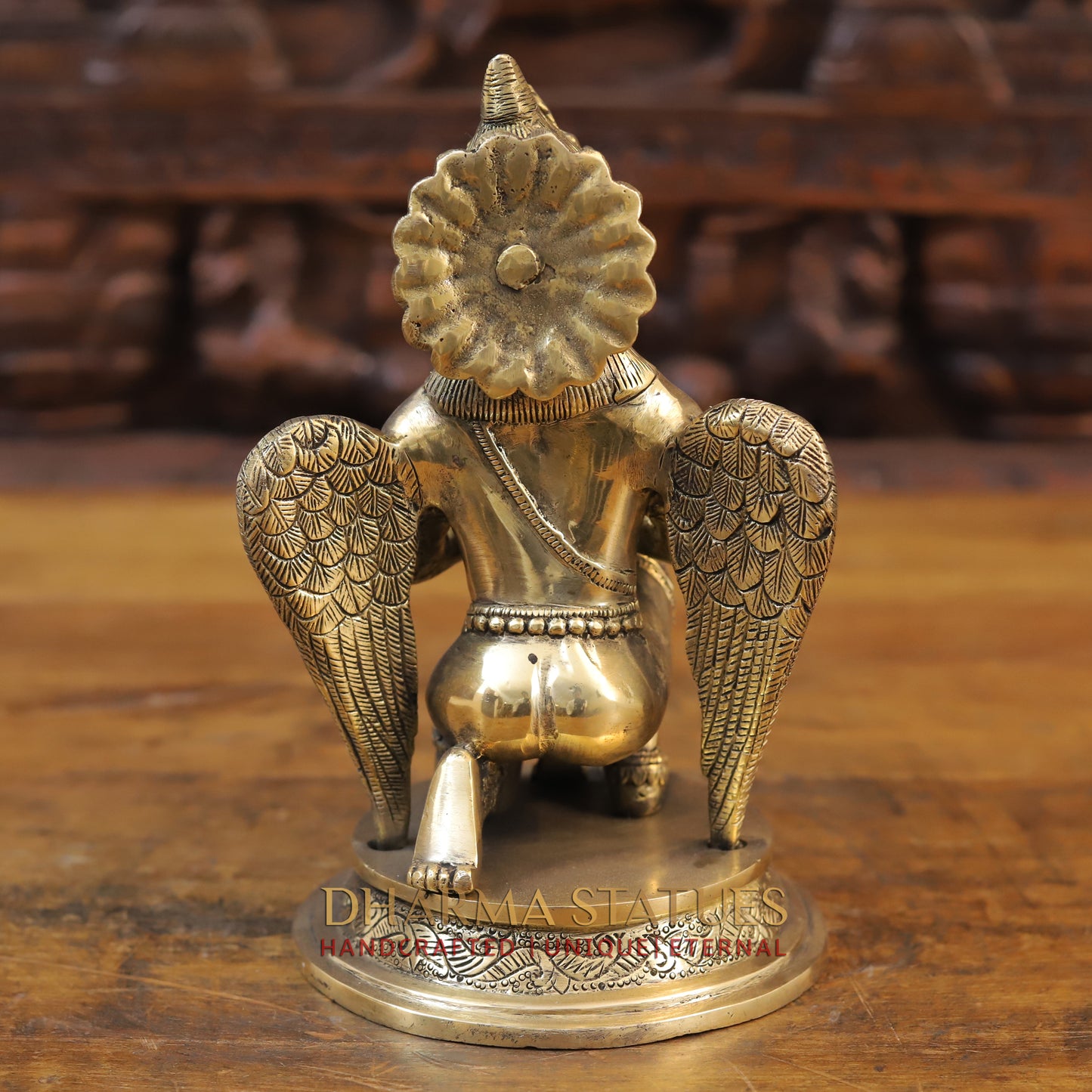 Brass Garuda Seated on Round Base, Golden Finish, 9"