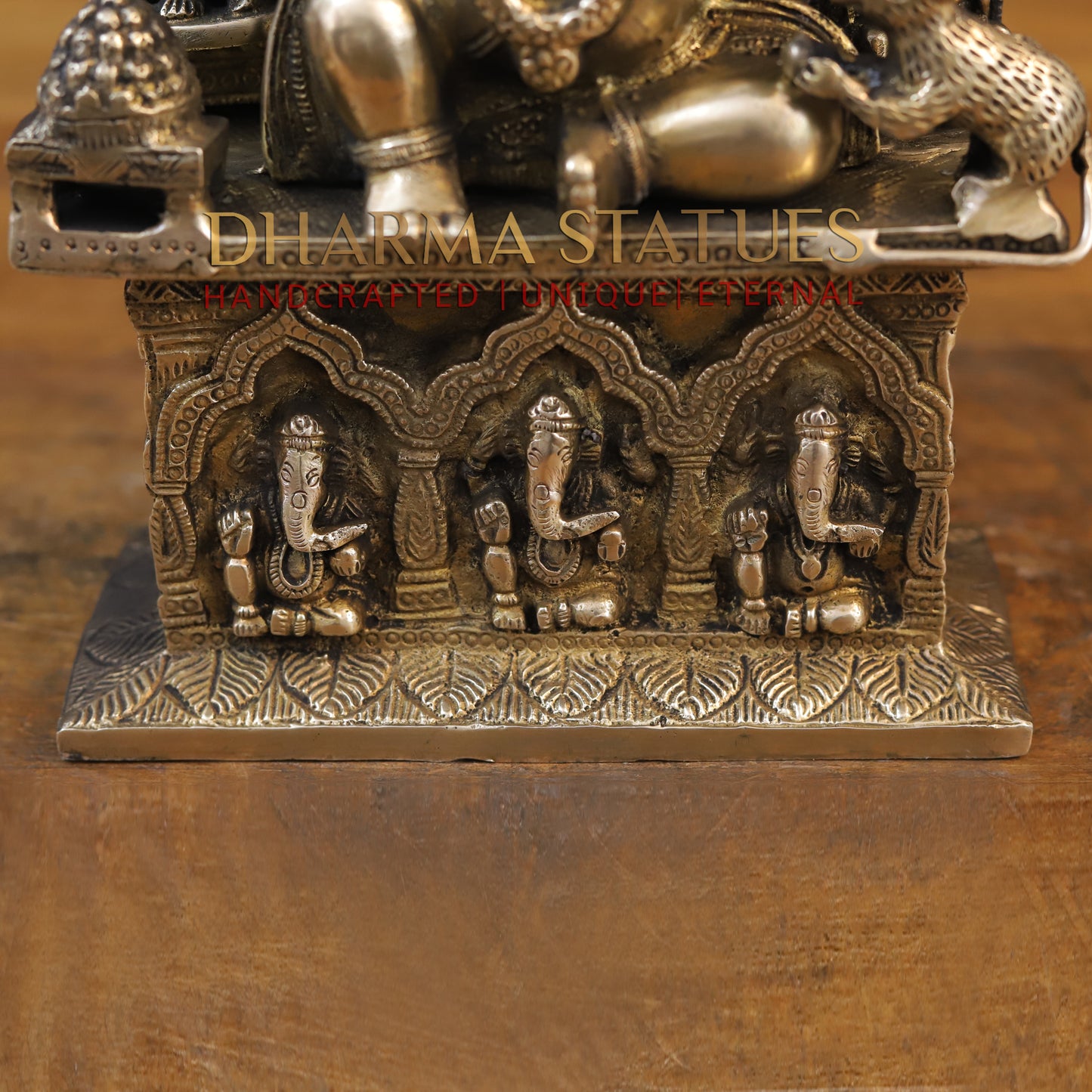 Brass Ganesh Statue Seated on Pedestal, Golden Finish, 14"