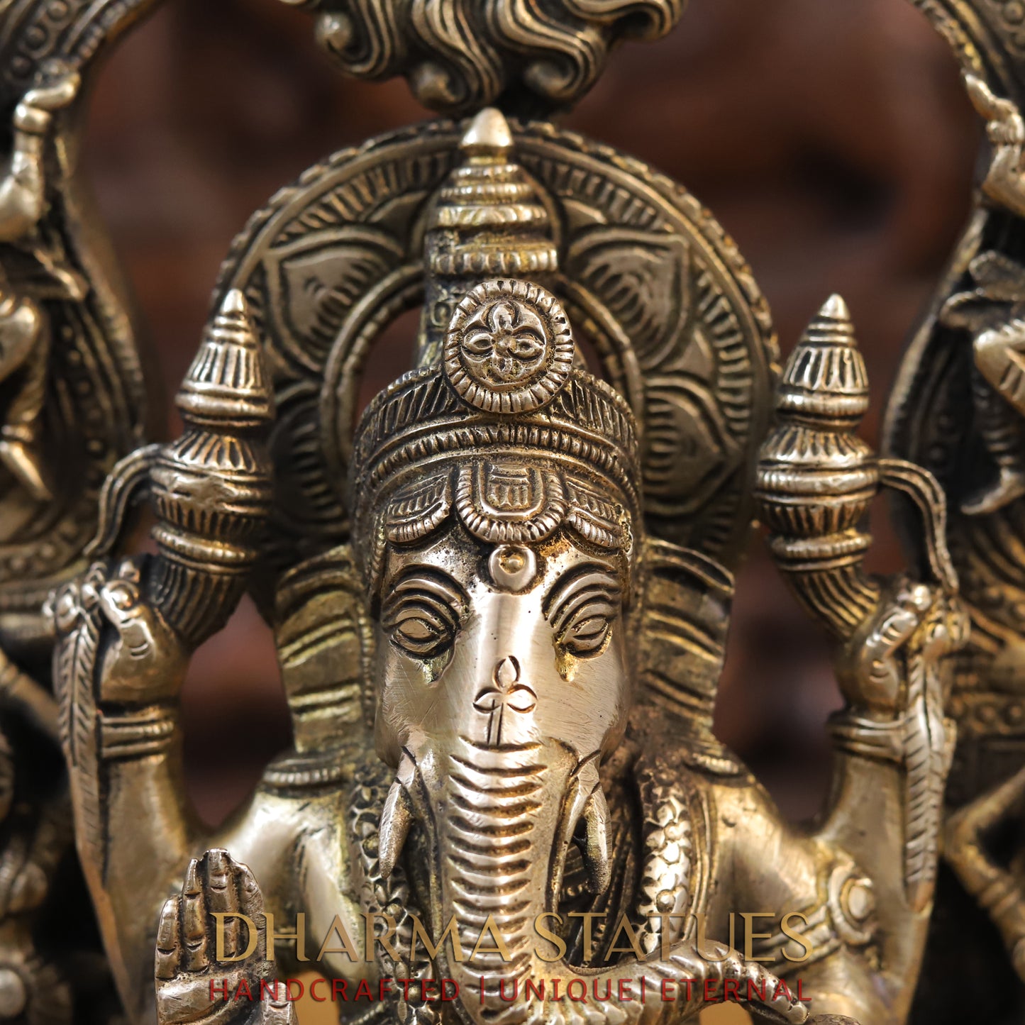 Brass Ganesh Statue Seated on Pedestal, Golden Finish, 14"