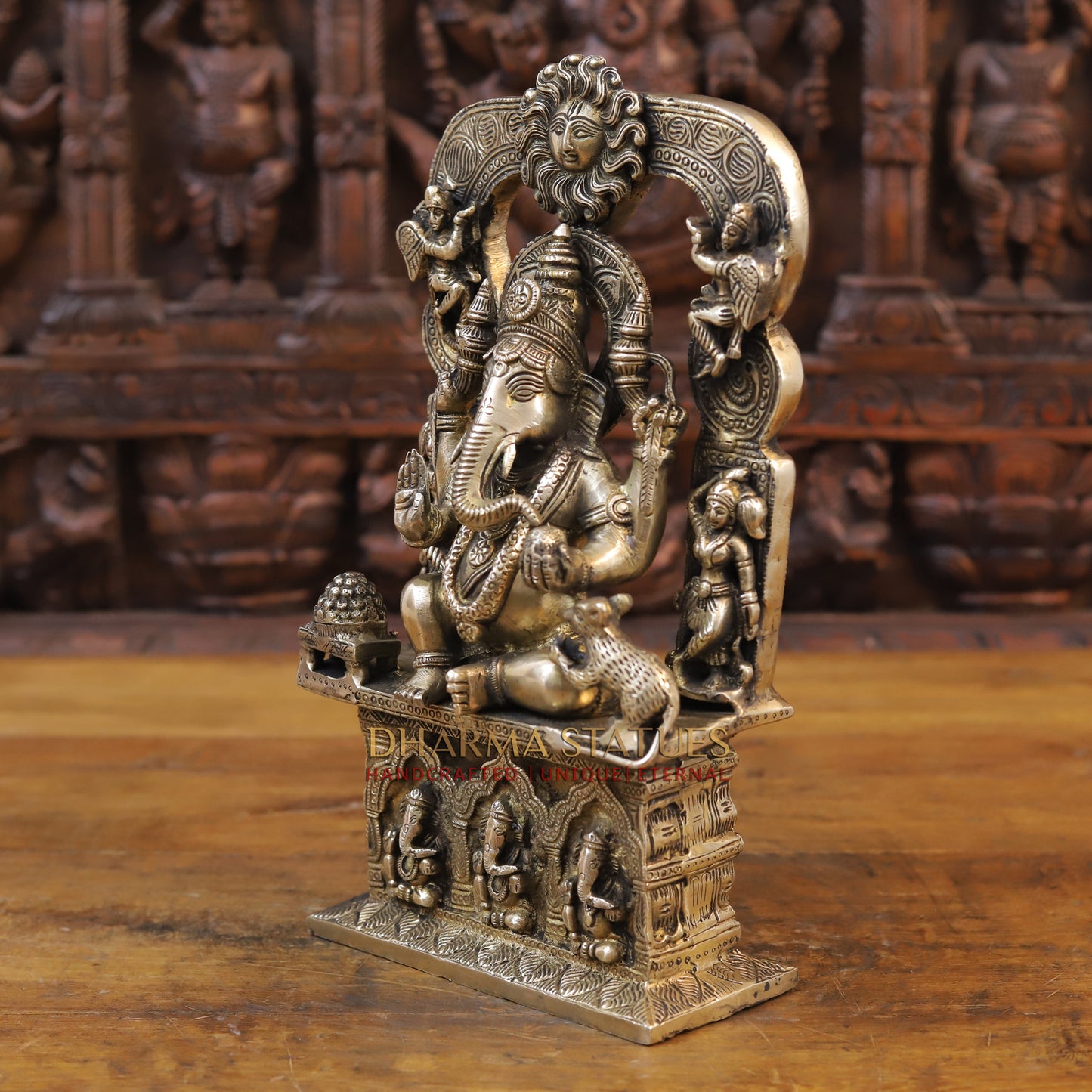 Brass Ganesh Statue Seated on Pedestal, Golden Finish, 14"