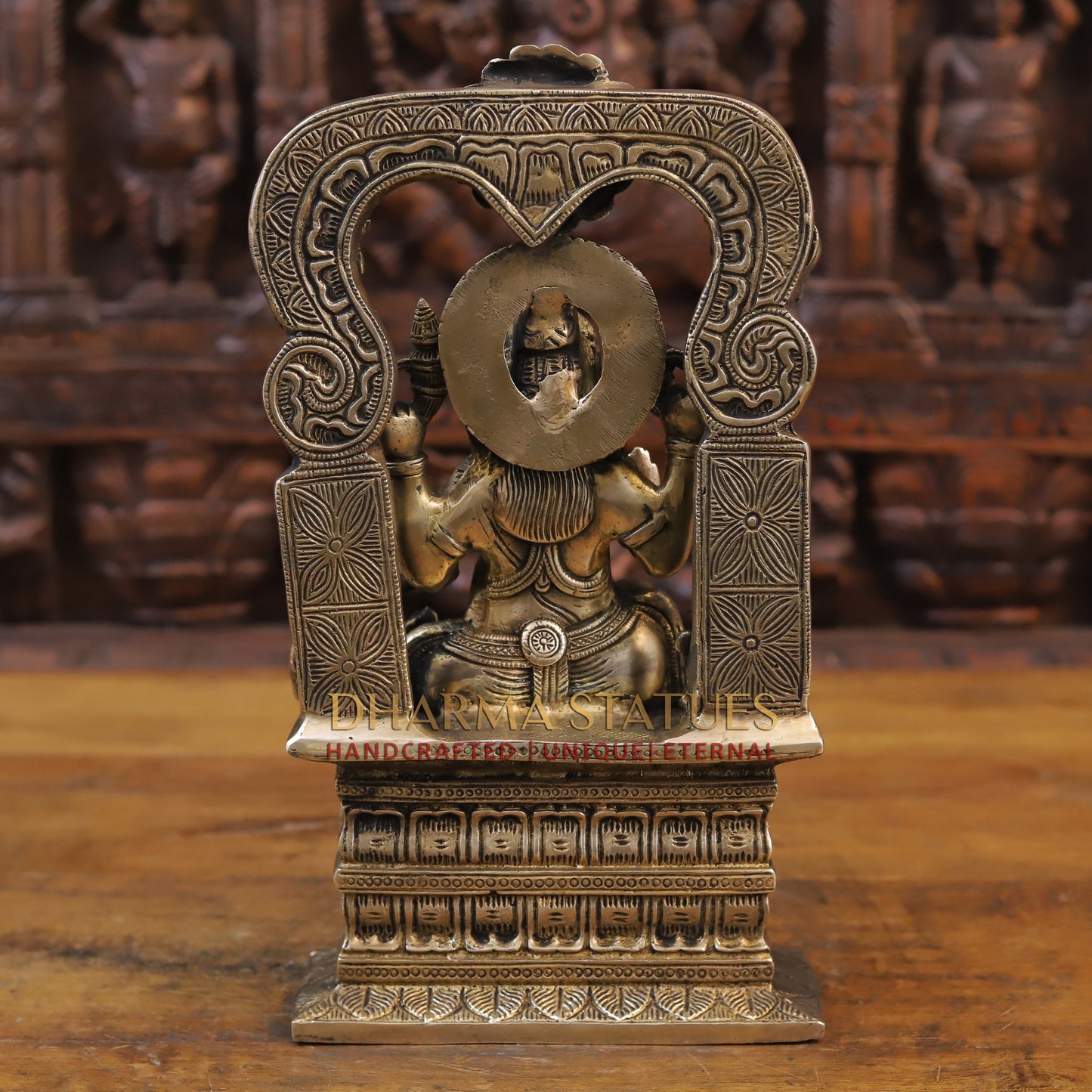 Brass Ganesh Statue Seated on Pedestal, Golden Finish, 14"