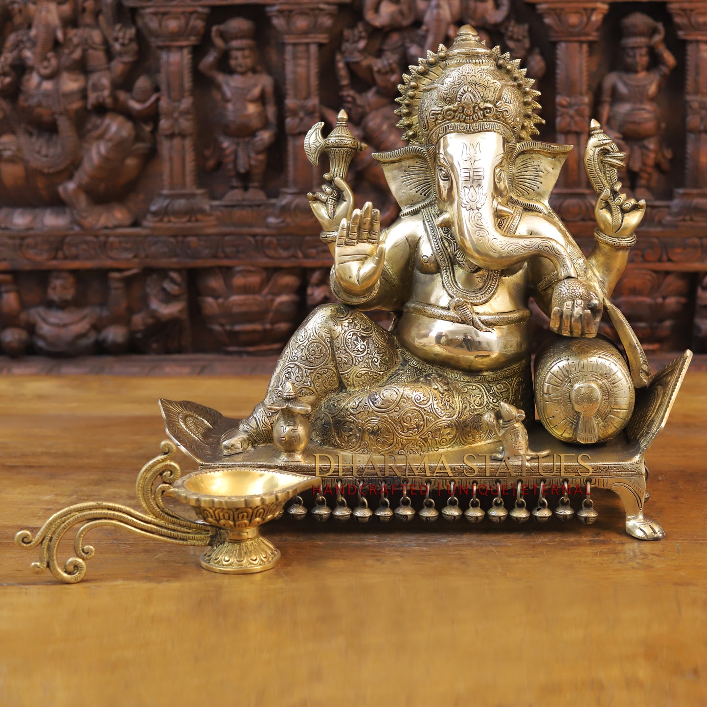 Brass Ganesh seated on Chowki, Golden Finish, 16"