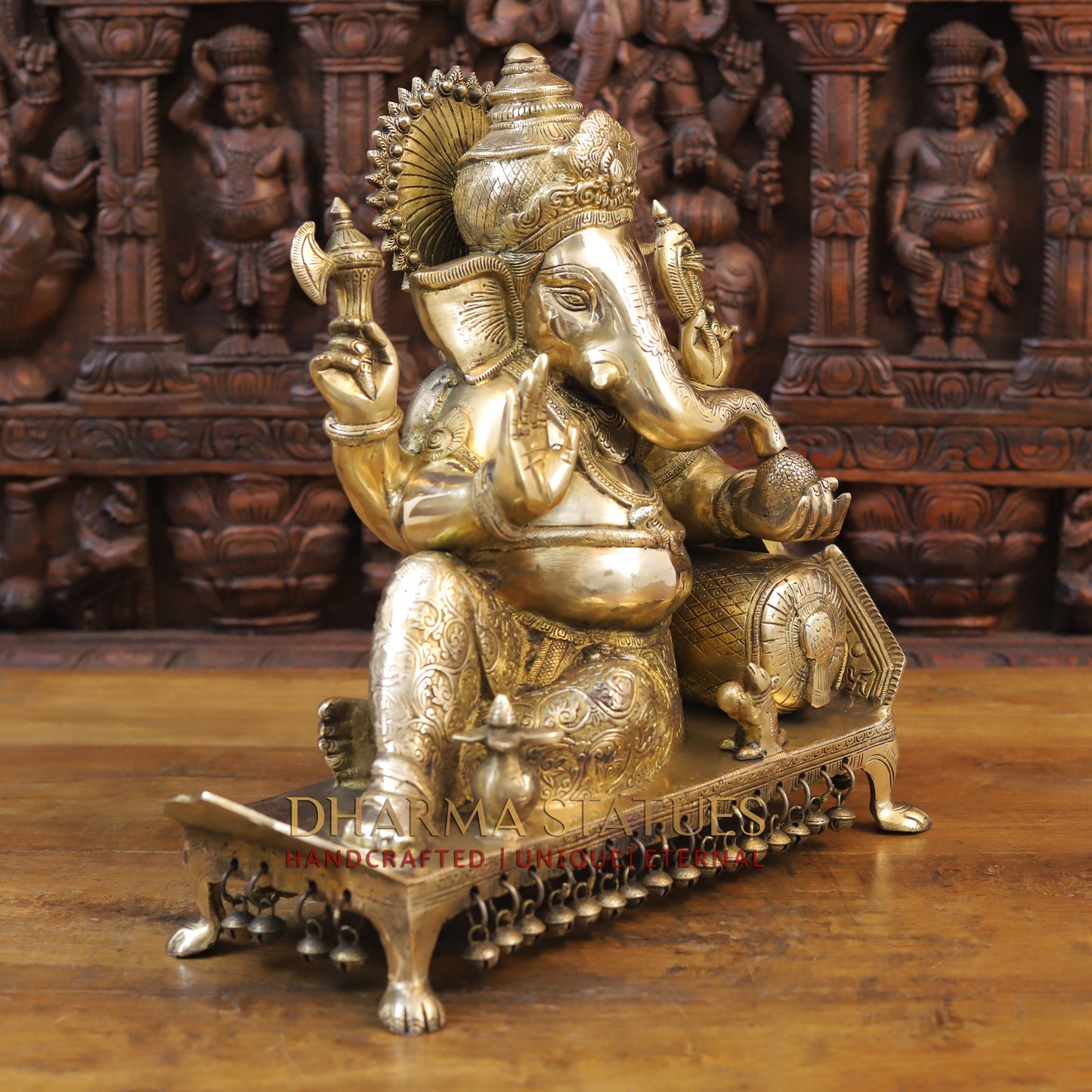 Brass Ganesh seated on Chowki, Golden Finish, 16"