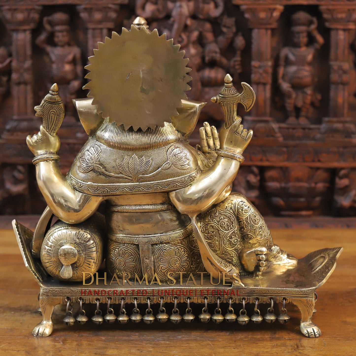Brass Ganesh seated on Chowki, Golden Finish, 16"