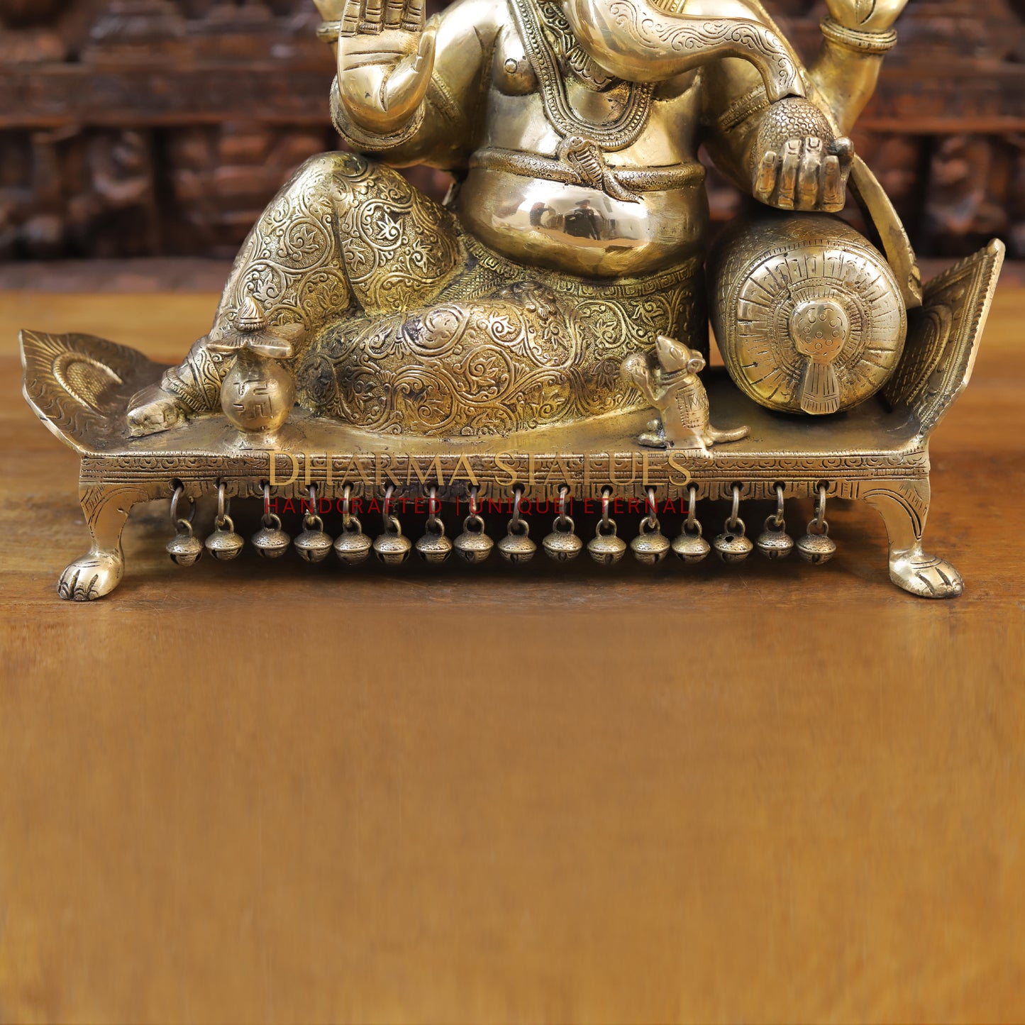 Brass Ganesh seated on Chowki, Golden Finish, 16"