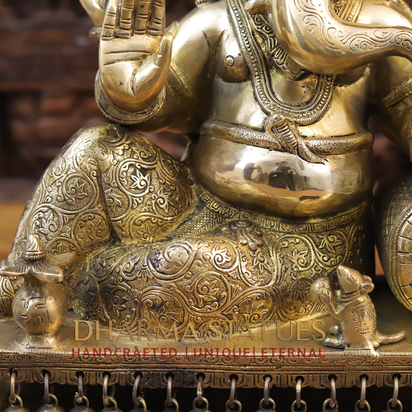 Brass Ganesh seated on Chowki, Golden Finish, 16"