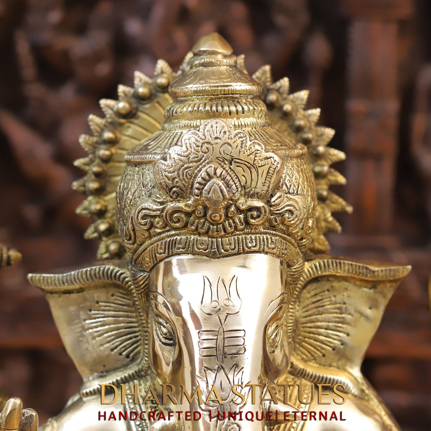 Brass Ganesh seated on Chowki, Golden Finish, 16"