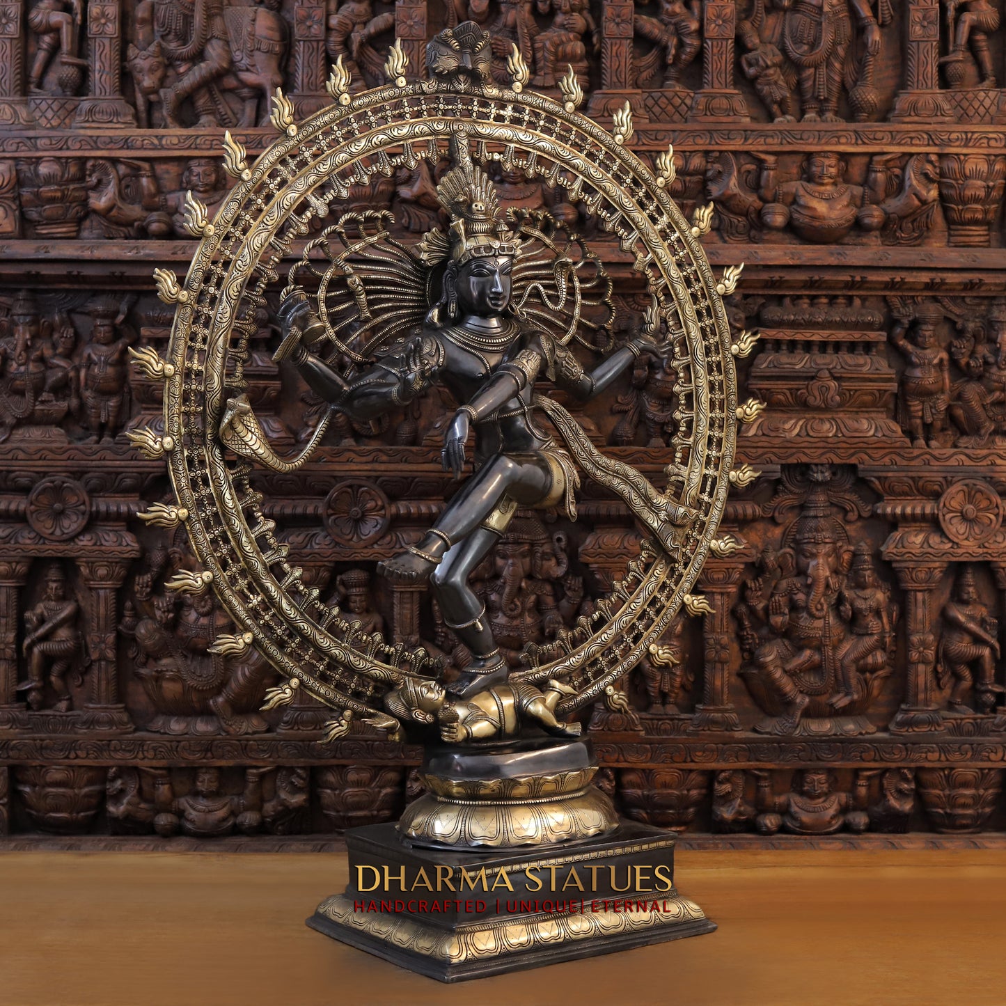 Brass Nataraja Statue with Frame, Black Patina & Golden Finish, 47"