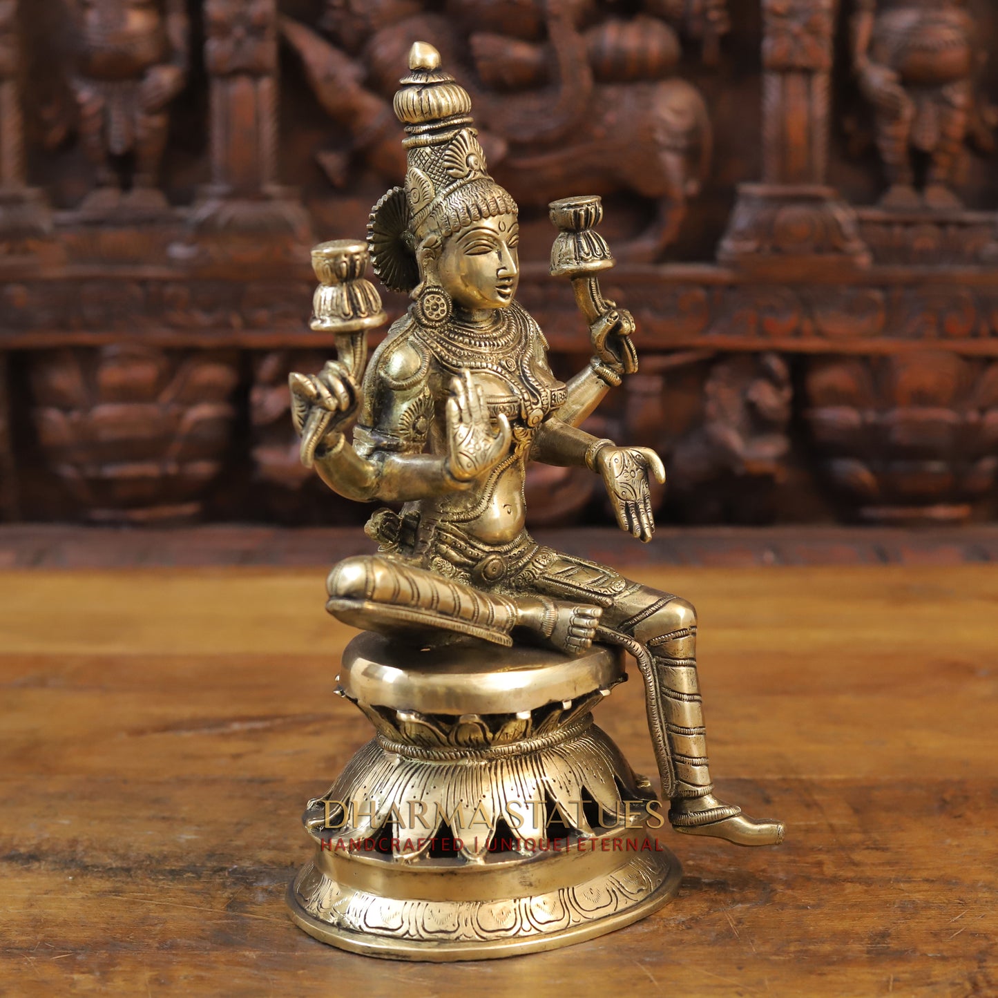 Brass Lakshmi Statue seated on Lotus, Golden Finish, 12.5"
