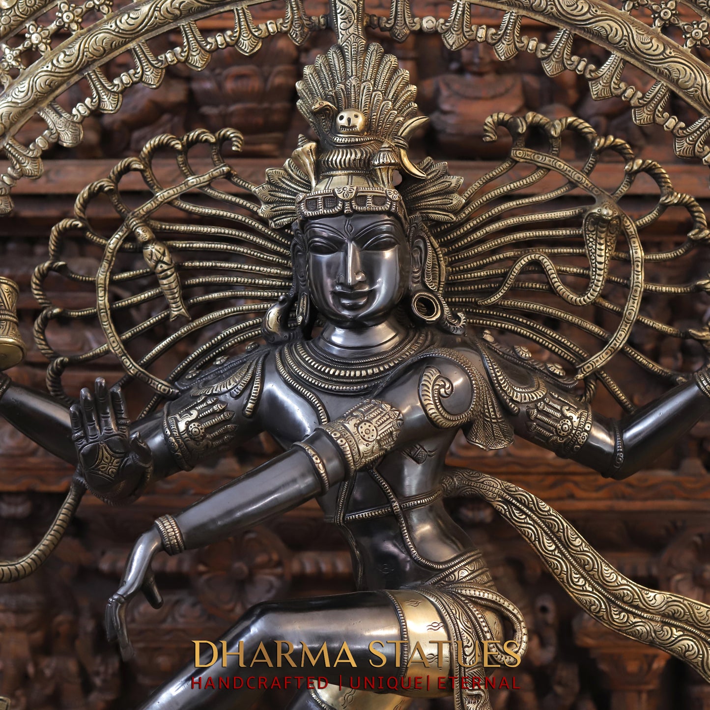 Brass Nataraja Statue with Frame, Black Patina & Golden Finish, 47"