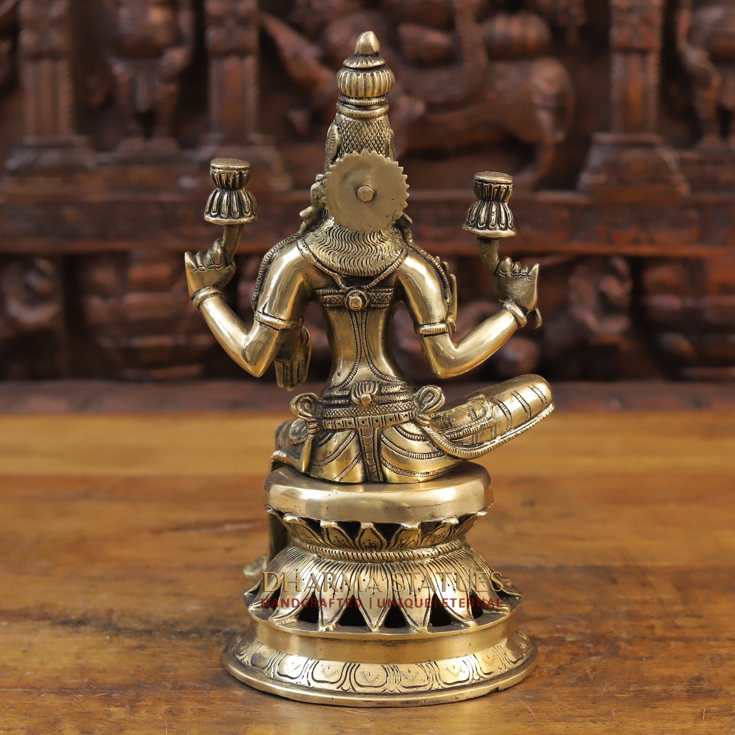 Brass Lakshmi Statue seated on Lotus, Golden Finish, 12.5"