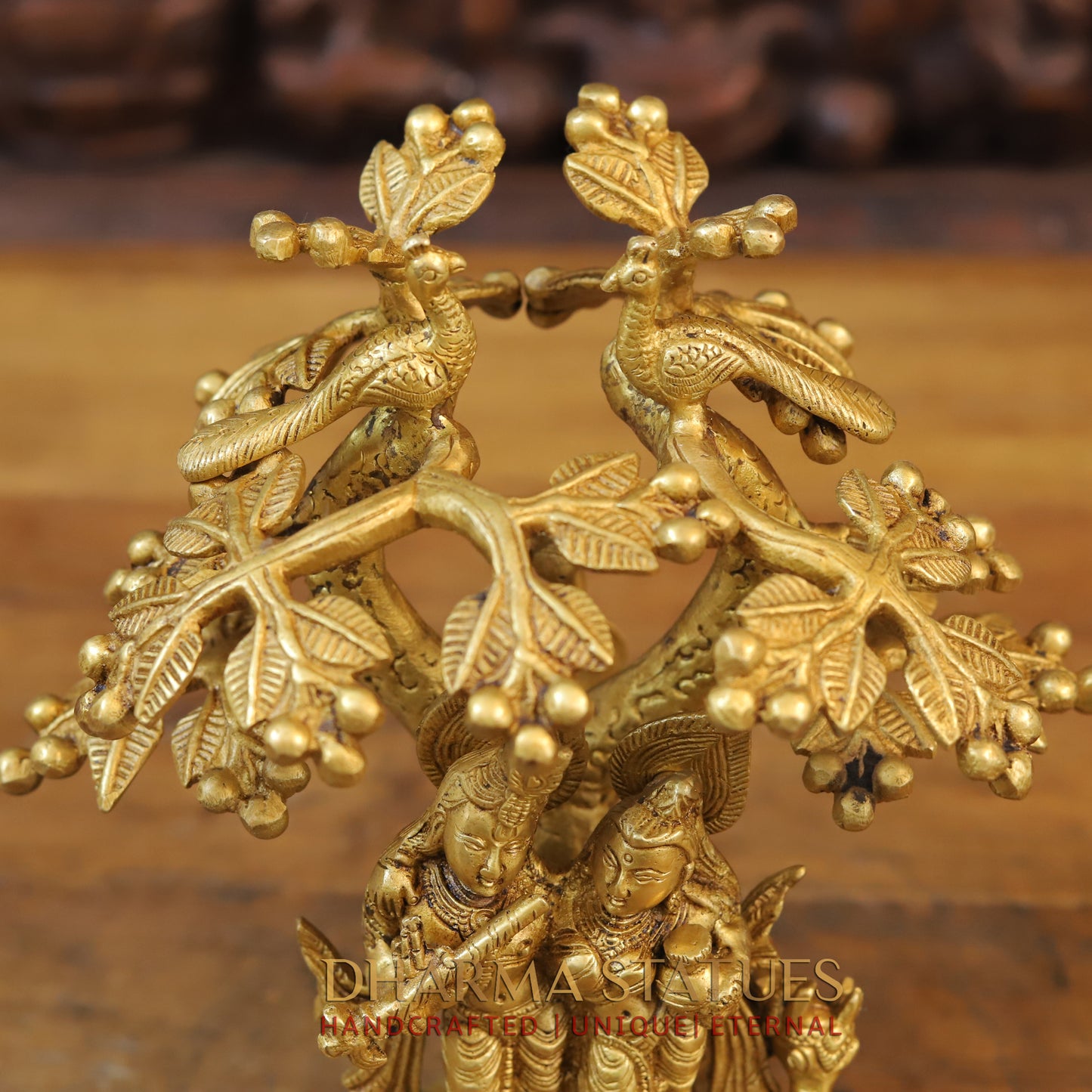 Brass Krishna Radha With Cow Under Tree, Golden Finish, 10"