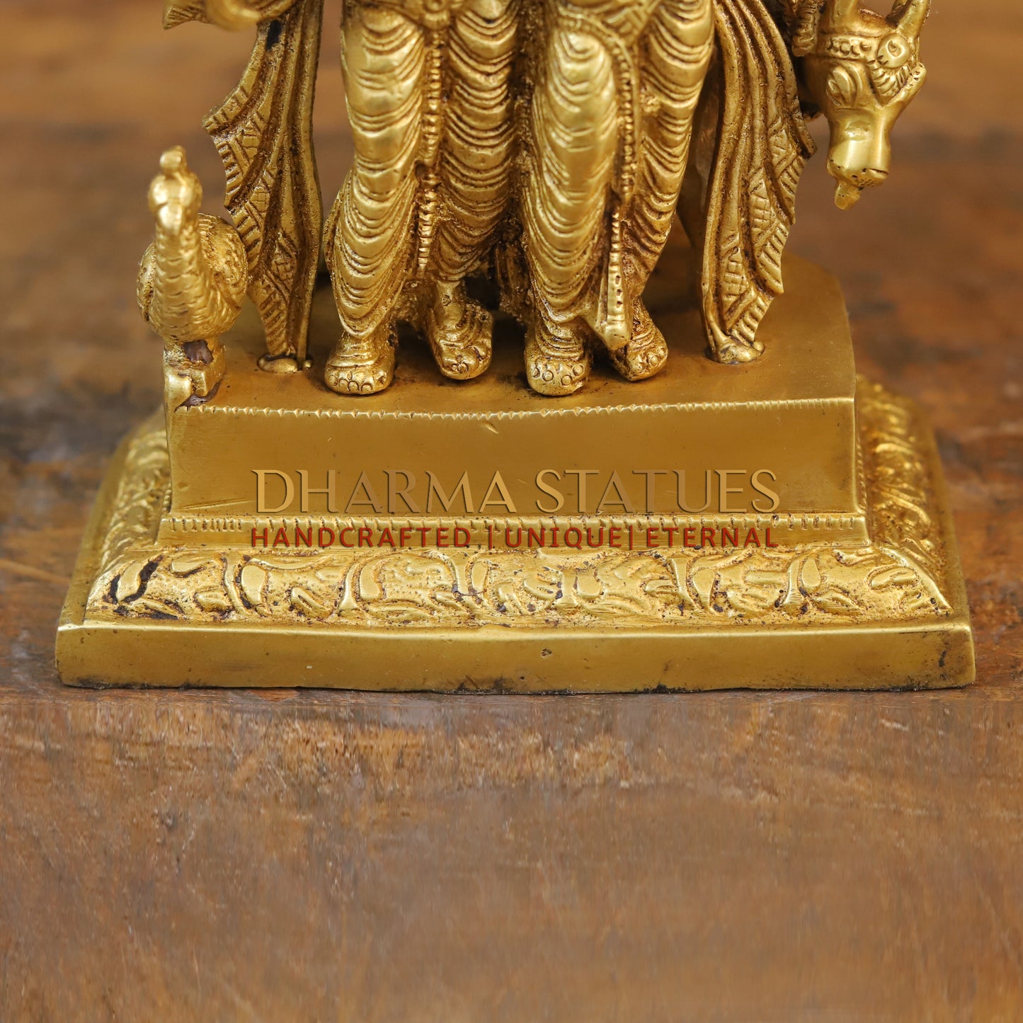 Brass Krishna Radha With Cow Under Tree, Golden Finish, 10"