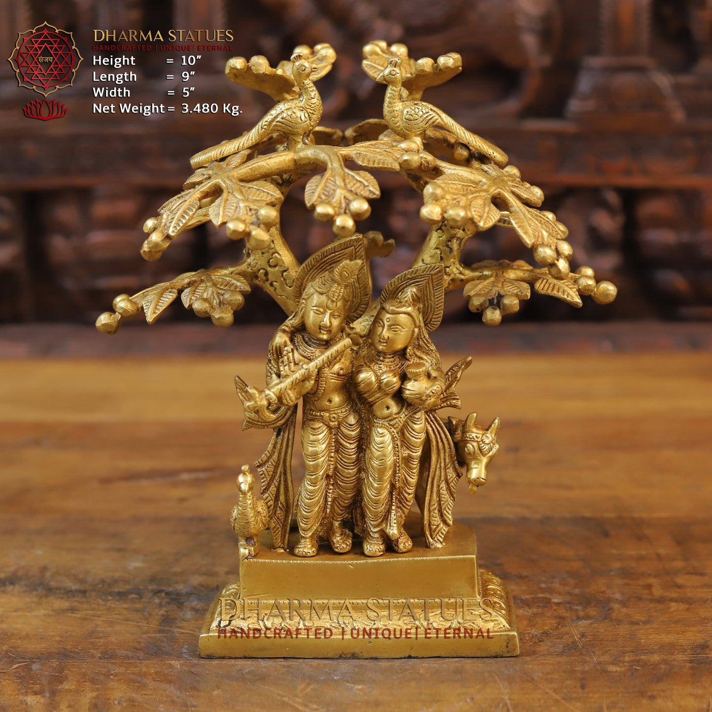 Brass Krishna Radha With Cow Under Tree, Golden Finish, 10"