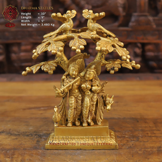 Brass Krishna Radha With Cow Under Tree, Golden Finish, 10"