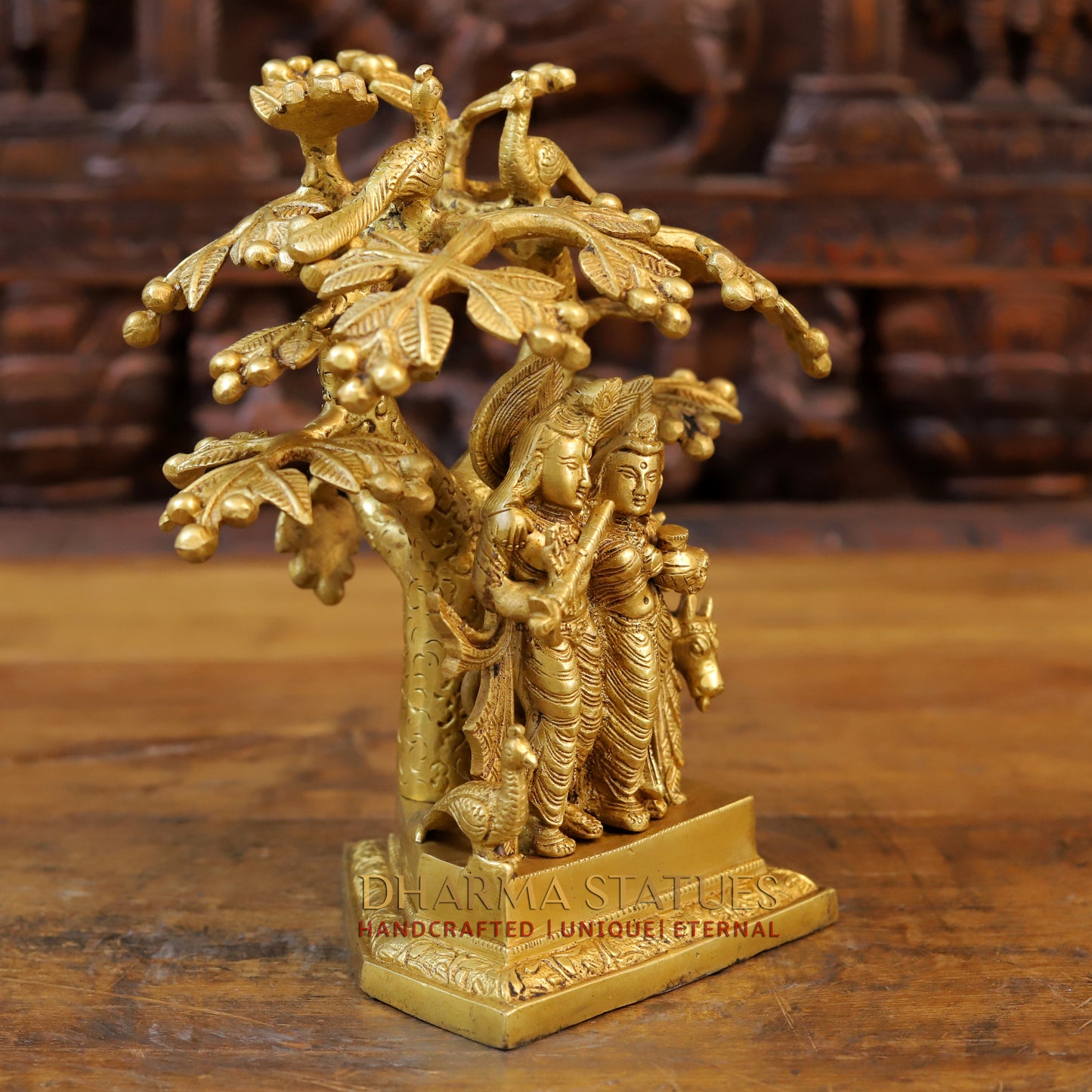 Brass Krishna Radha With Cow Under Tree, Golden Finish, 10"