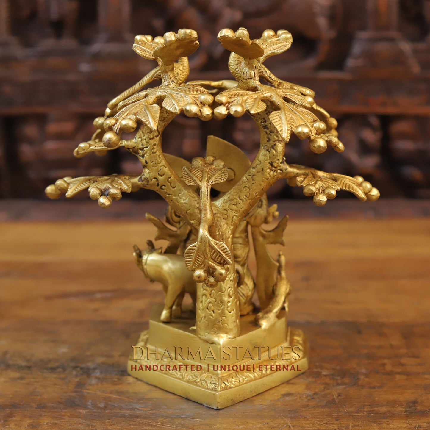 Brass Krishna Radha With Cow Under Tree, Golden Finish, 10"