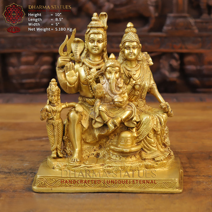 Brass Shiva Parivar with Shivling Idol on Kailash Parvat, Fine Golden Finish, 10"