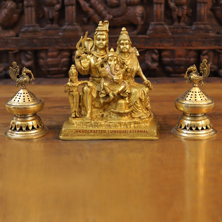 Brass Shiva Parivar with Shivling Idol on Kailash Parvat, Fine Golden Finish, 10"