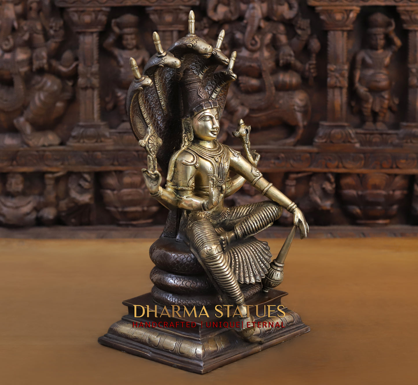 Brass Vishnu Seated on Sheshanaga, Copper & Gold Finish, 16.5"