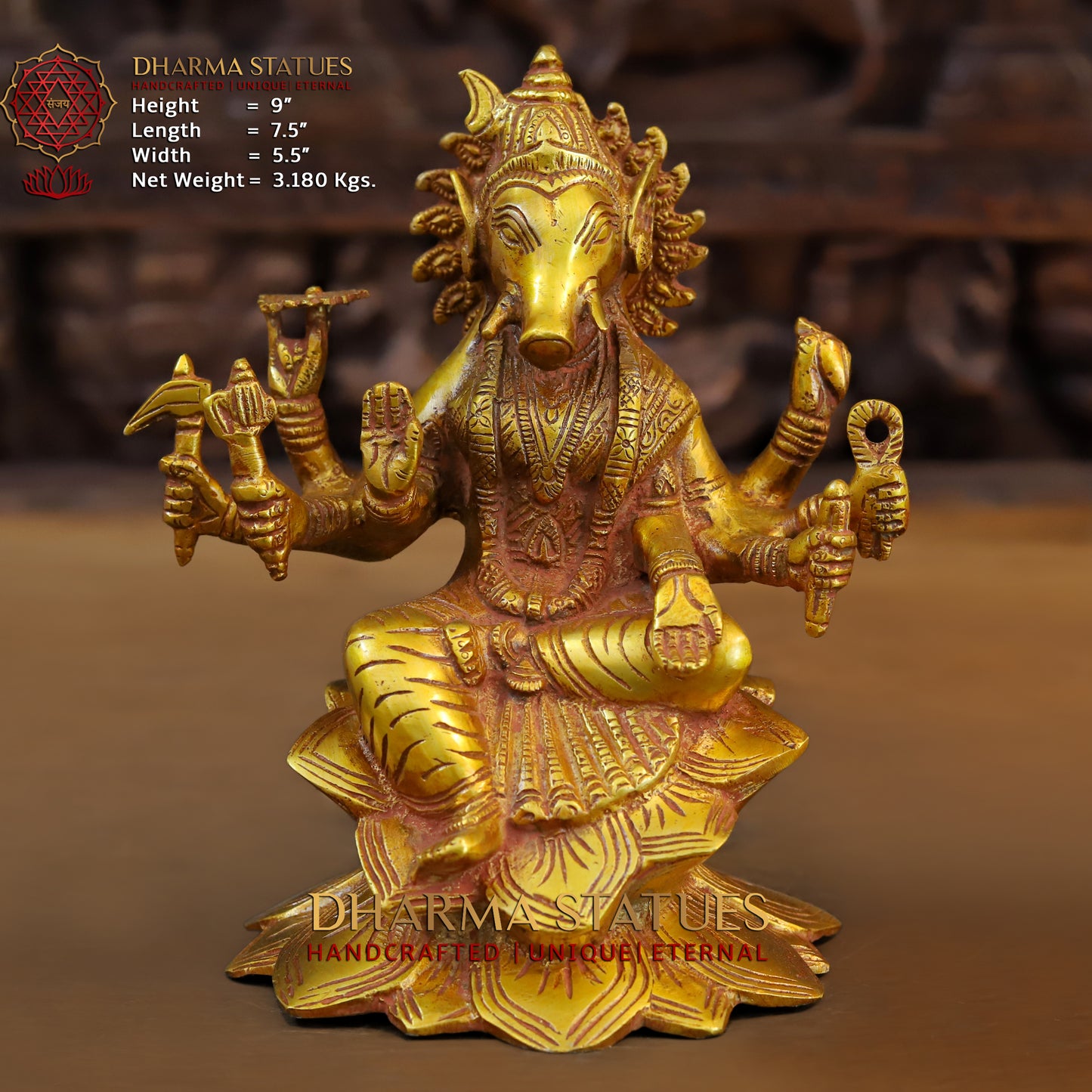 Brass Varahi Devi seated on Lotus, Fine Golden Finish, 9"