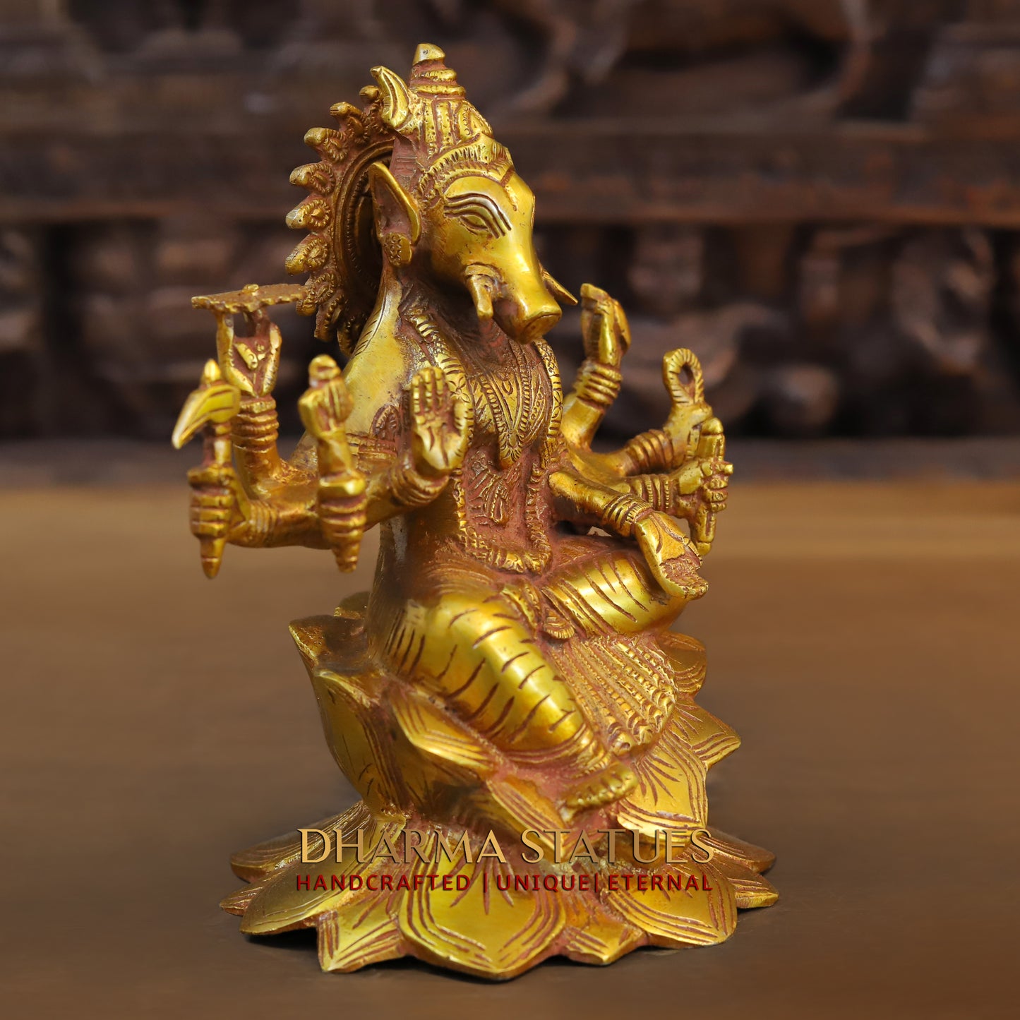 Brass Varahi Devi seated on Lotus, Fine Golden Finish, 9"