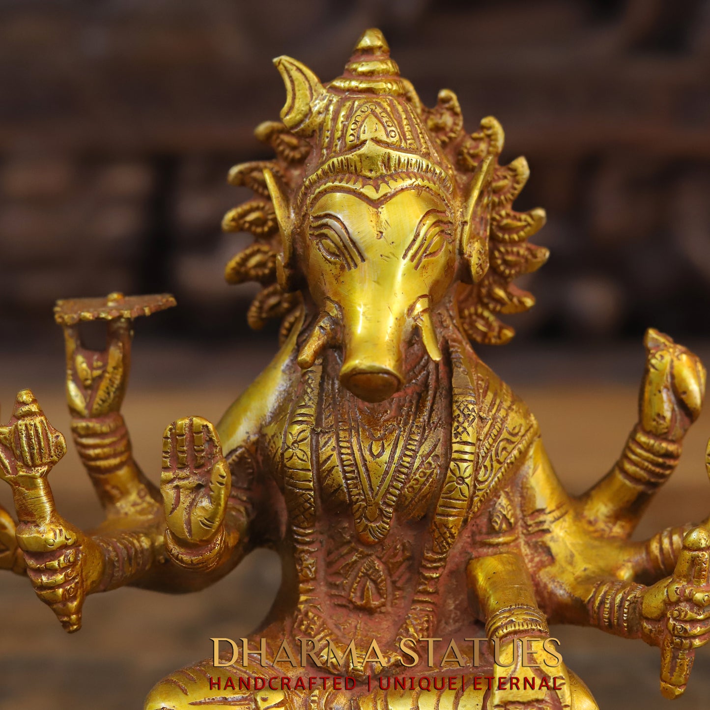 Brass Varahi Devi seated on Lotus, Fine Golden Finish, 9"