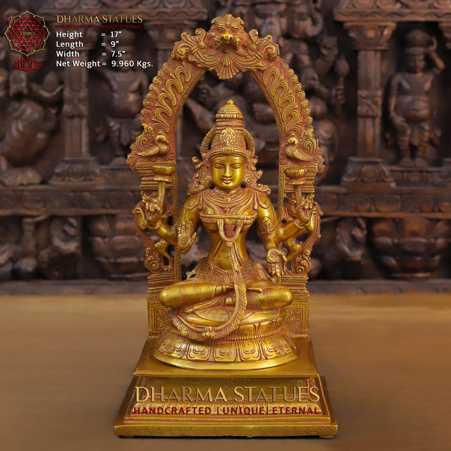 Brass Laxshmi seated on Pedestal with Frame, Fine Golden Finish, 17"