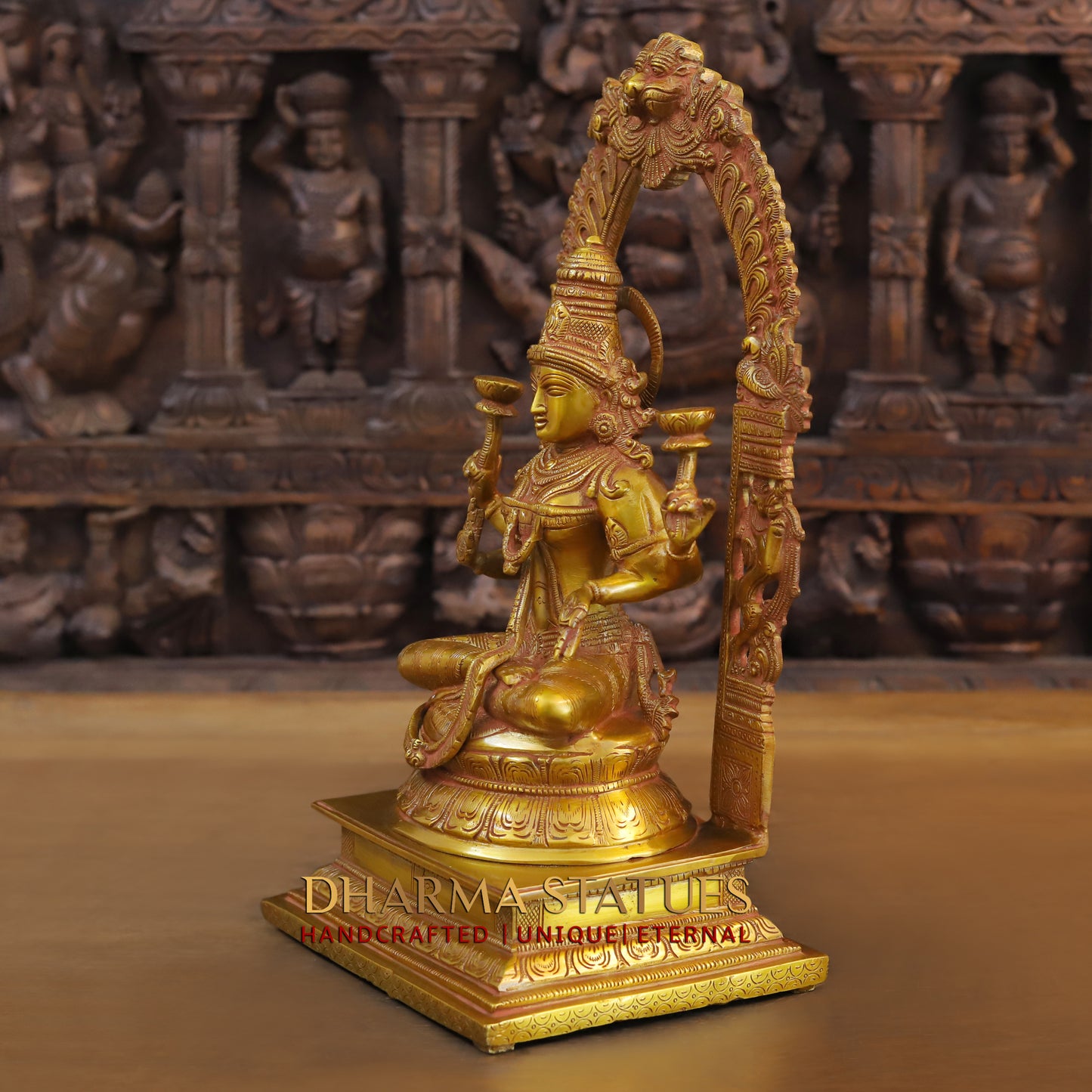 Brass Laxshmi seated on Pedestal with Frame, Fine Golden Finish, 17"
