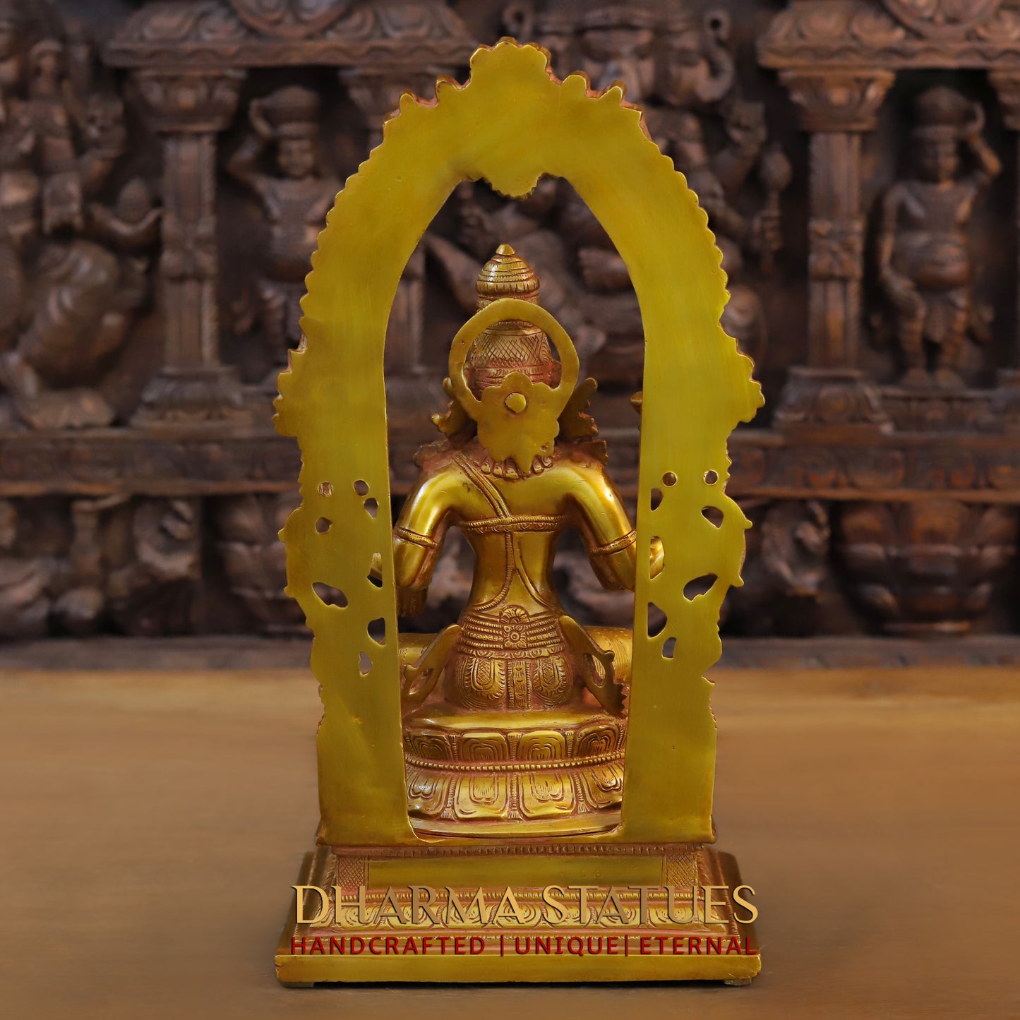 Brass Laxshmi seated on Pedestal with Frame, Fine Golden Finish, 17"