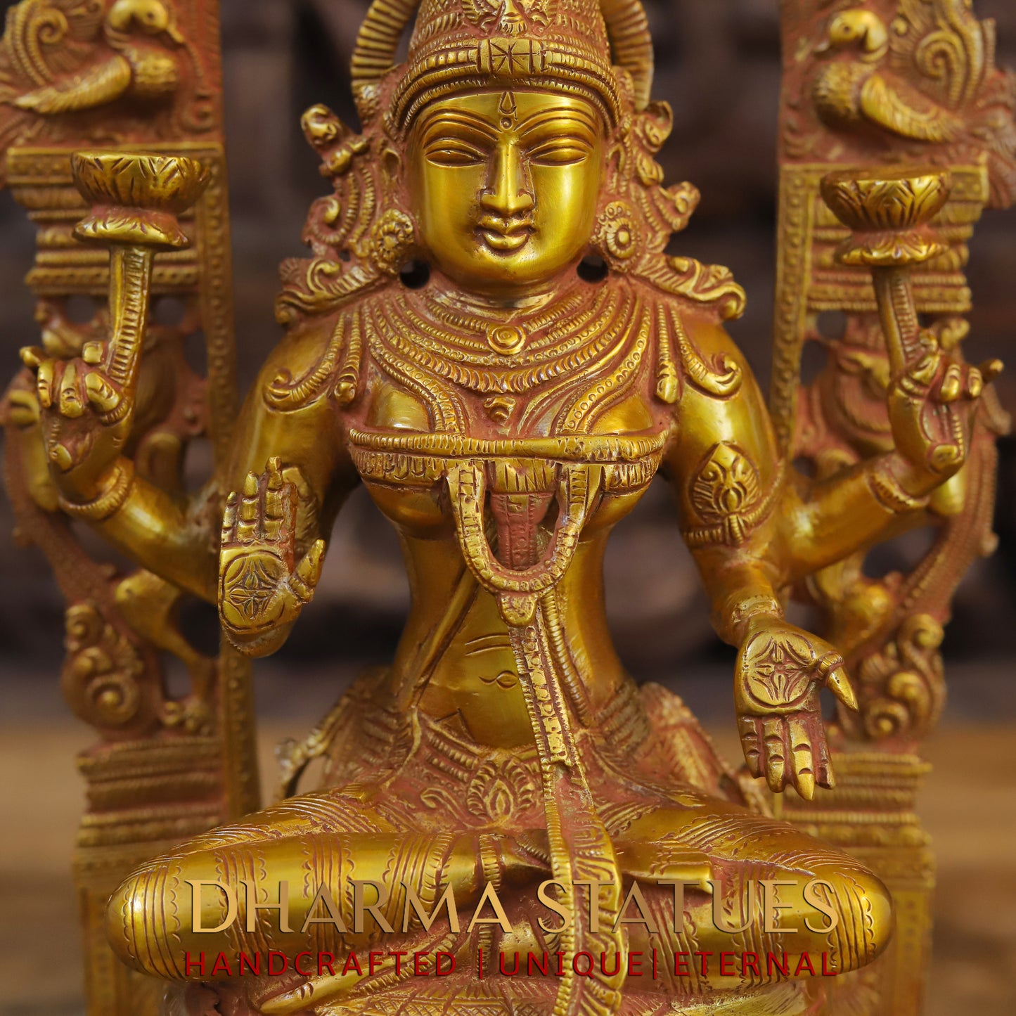 Brass Laxshmi seated on Pedestal with Frame, Fine Golden Finish, 17"