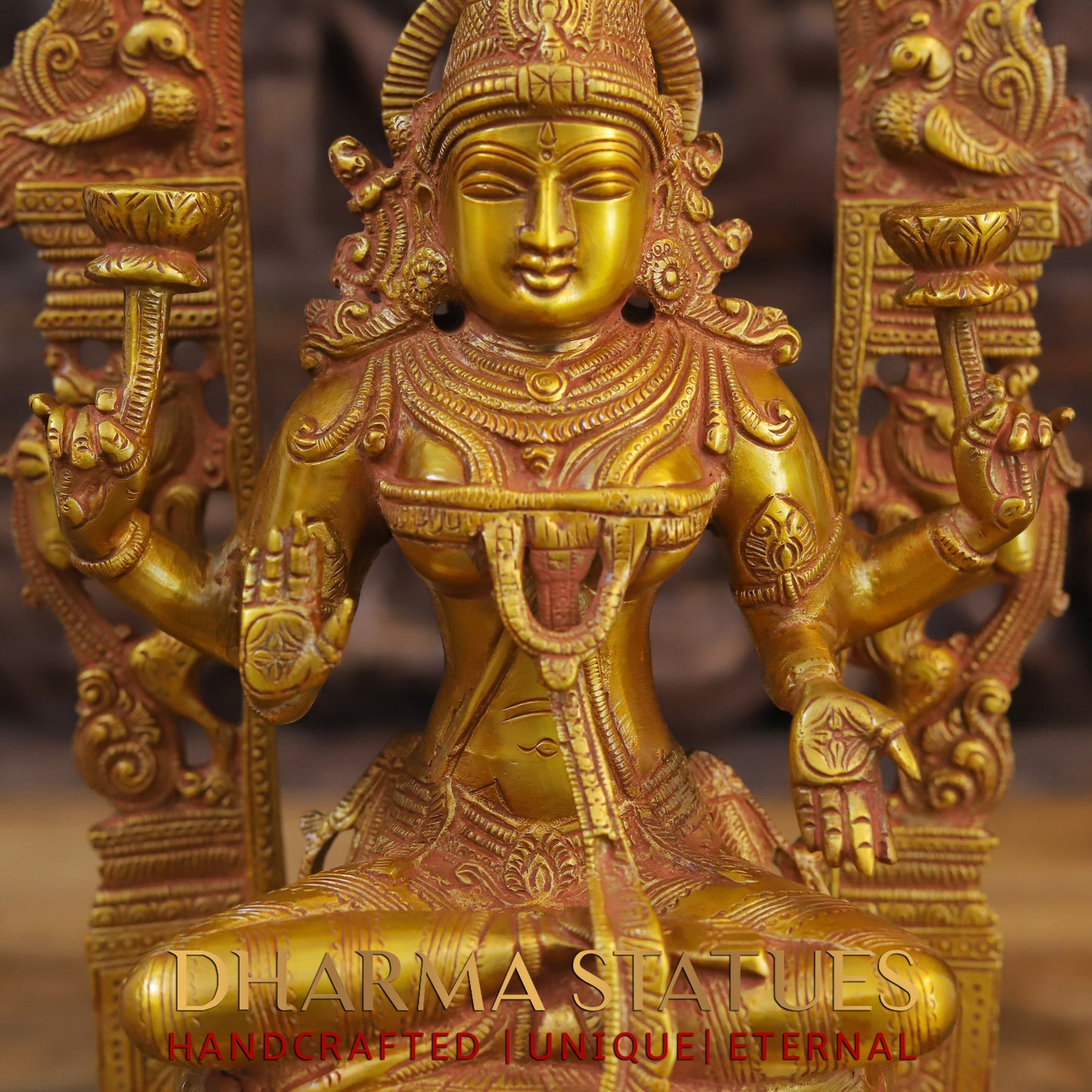 Brass Laxshmi seated on Pedestal with Frame, Fine Golden Finish, 17"