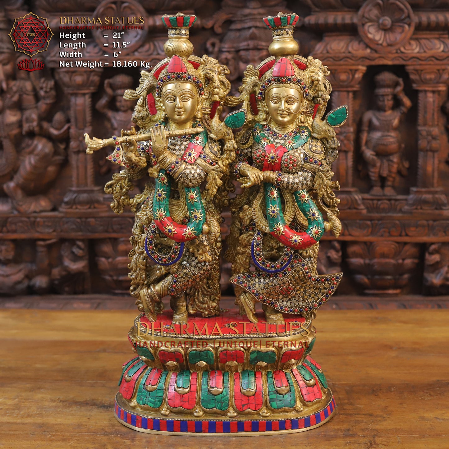 Brass Radha Krishna Statue on Single base, Golden finish & Stonework, 21