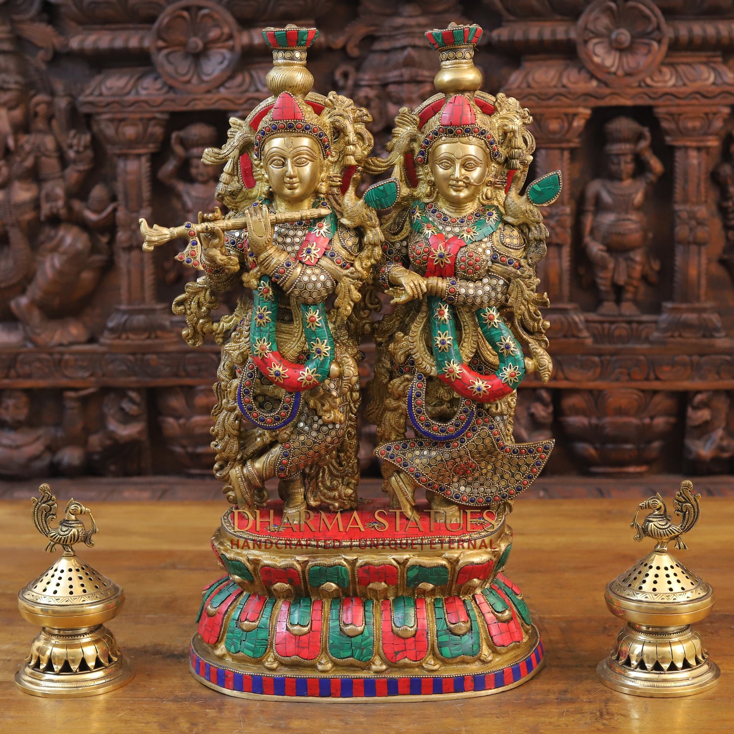 Brass Radha Krishna Statue on Single base, Golden finish & Stonework, 21