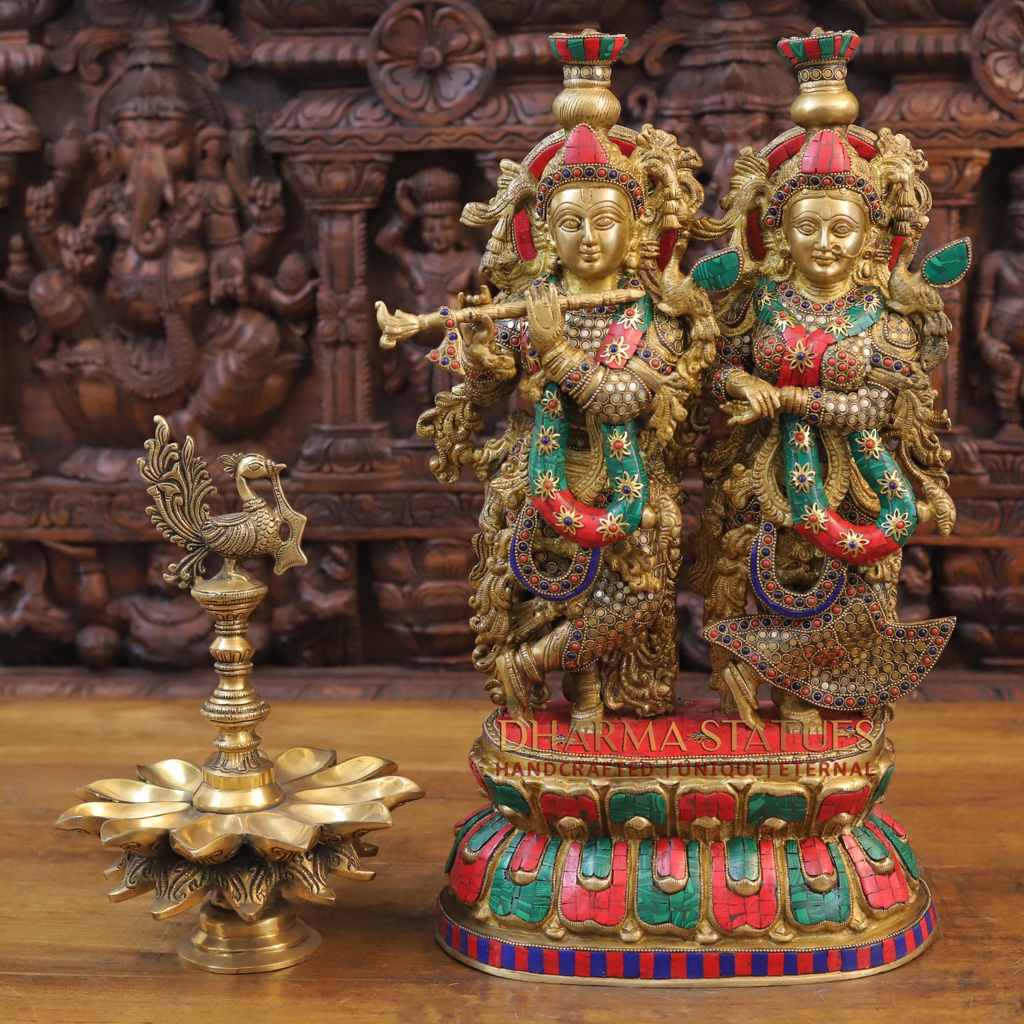 Brass Radha Krishna Statue on Single base, Golden finish & Stonework, 21
