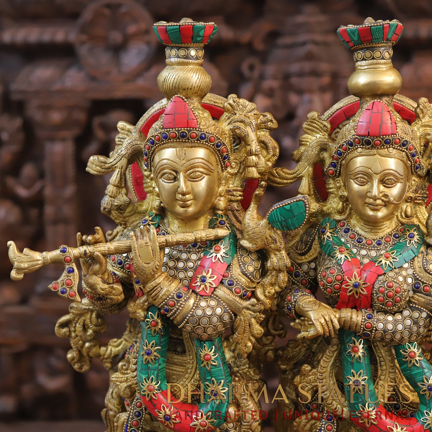 Brass Radha Krishna Statue on Single base, Golden finish & Stonework, 21