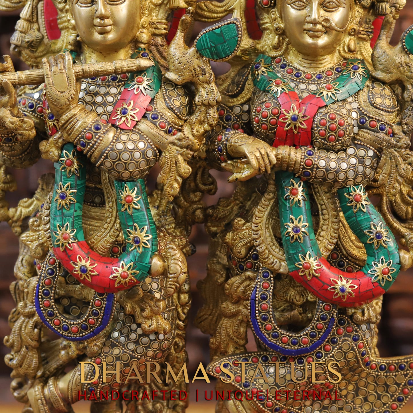Brass Radha Krishna Statue on Single base, Golden finish & Stonework, 21