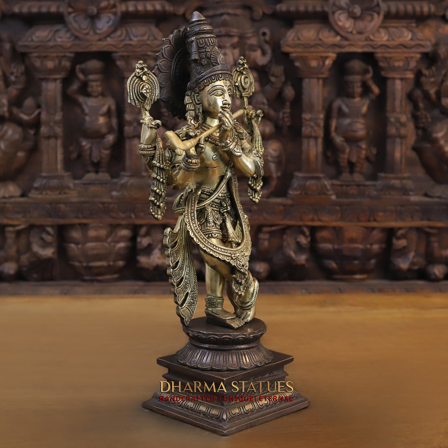 Brass Krishna standing on Pedestal, Copper & Gold Finish, 19"