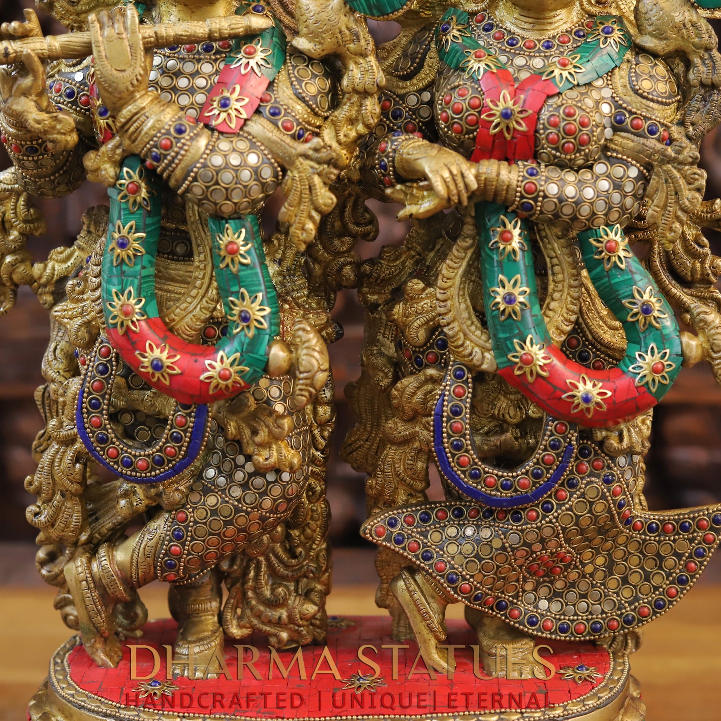 Brass Radha Krishna Statue on Single base, Golden finish & Stonework, 21