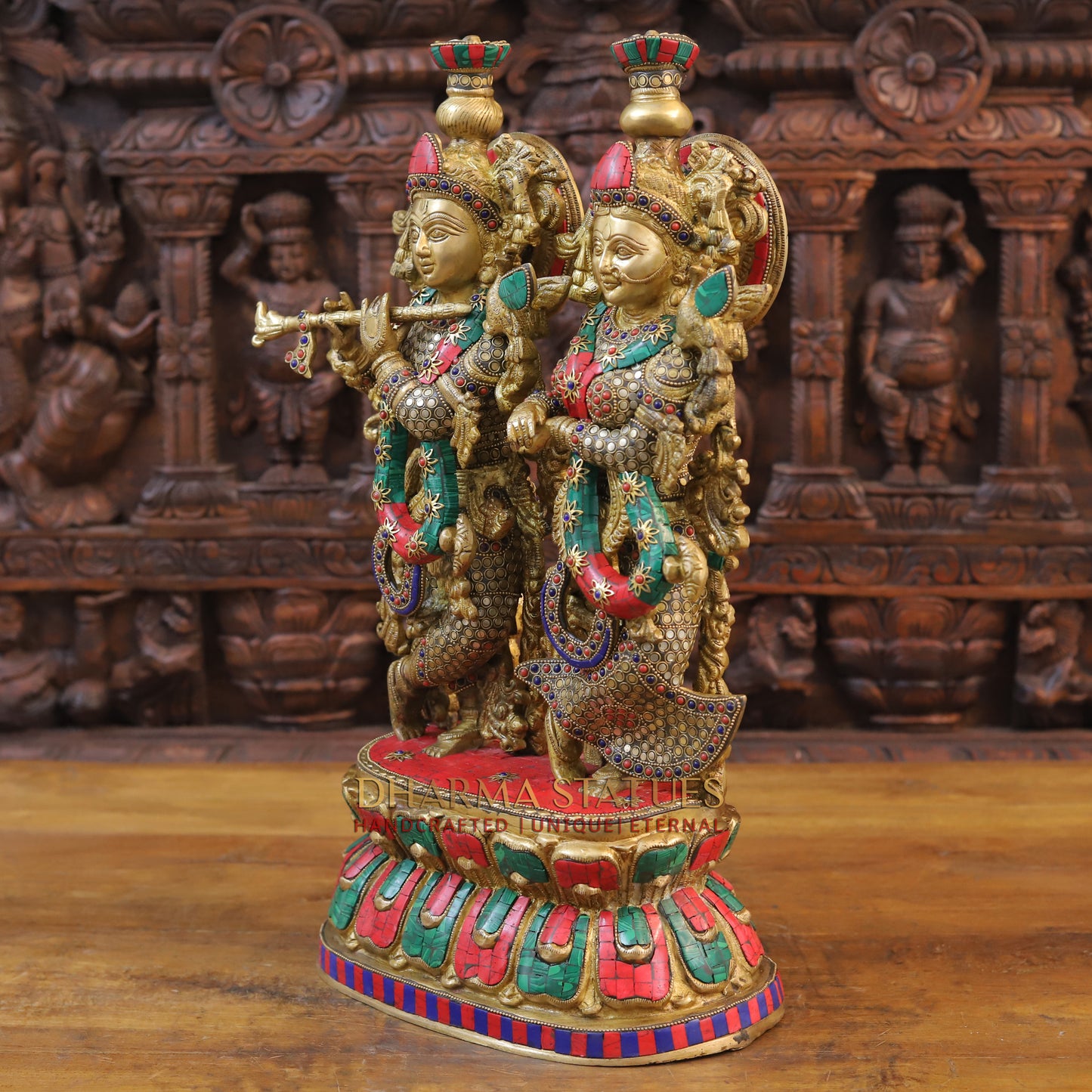 Brass Radha Krishna Statue on Single base, Golden finish & Stonework, 21