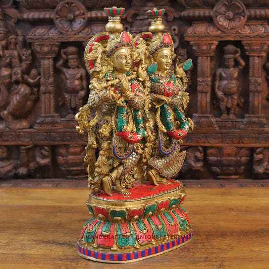 Brass Radha Krishna Statue on Single base, Golden finish & Stonework, 21
